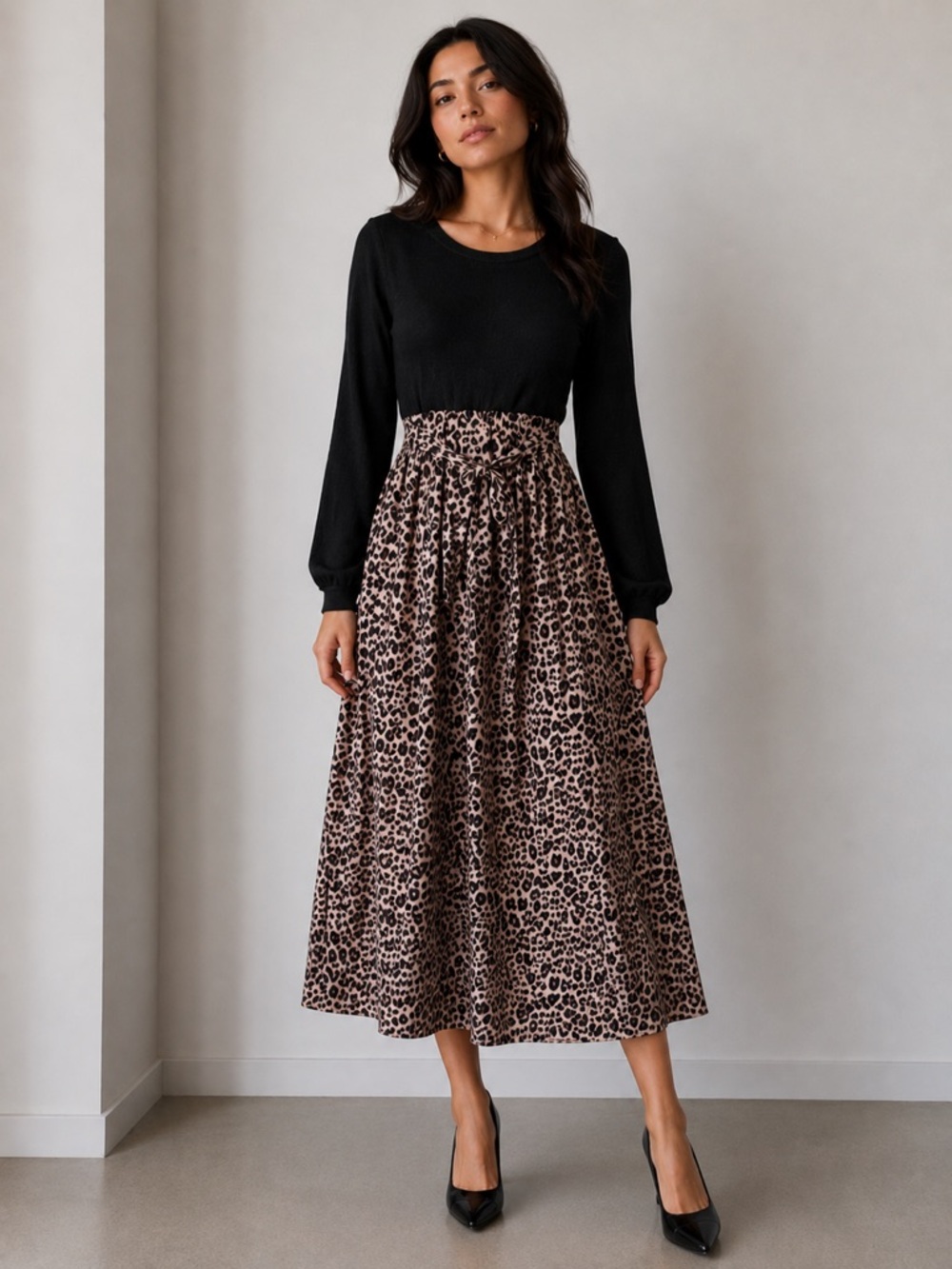SHEIN Black and Leopard Long Sleeve Dress size L
See‎ measurements